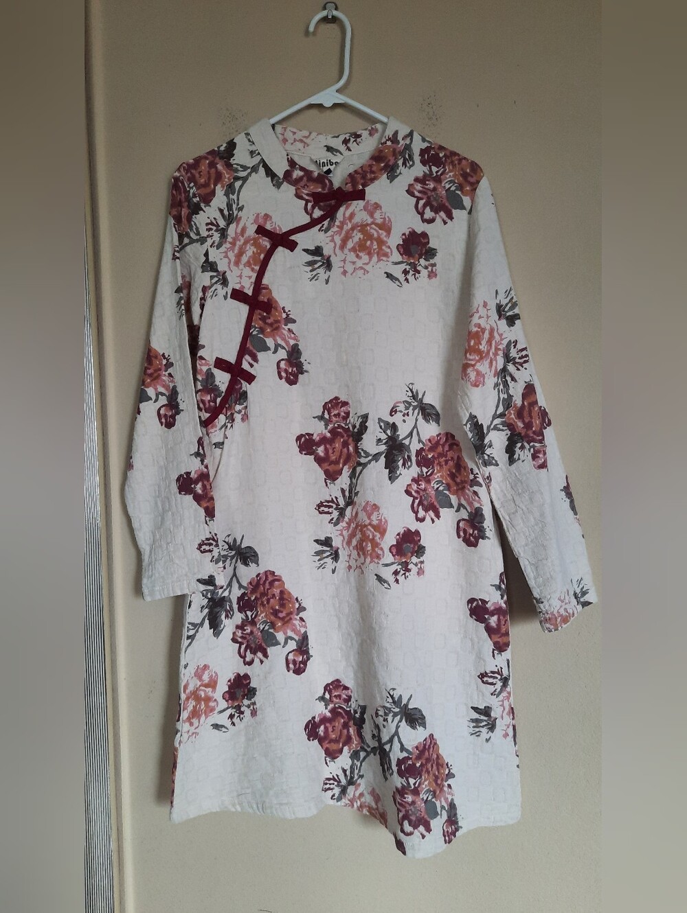 Womens Minibee Small Nwt Floral Pink & Burgundy Dress with Mandarin Collar